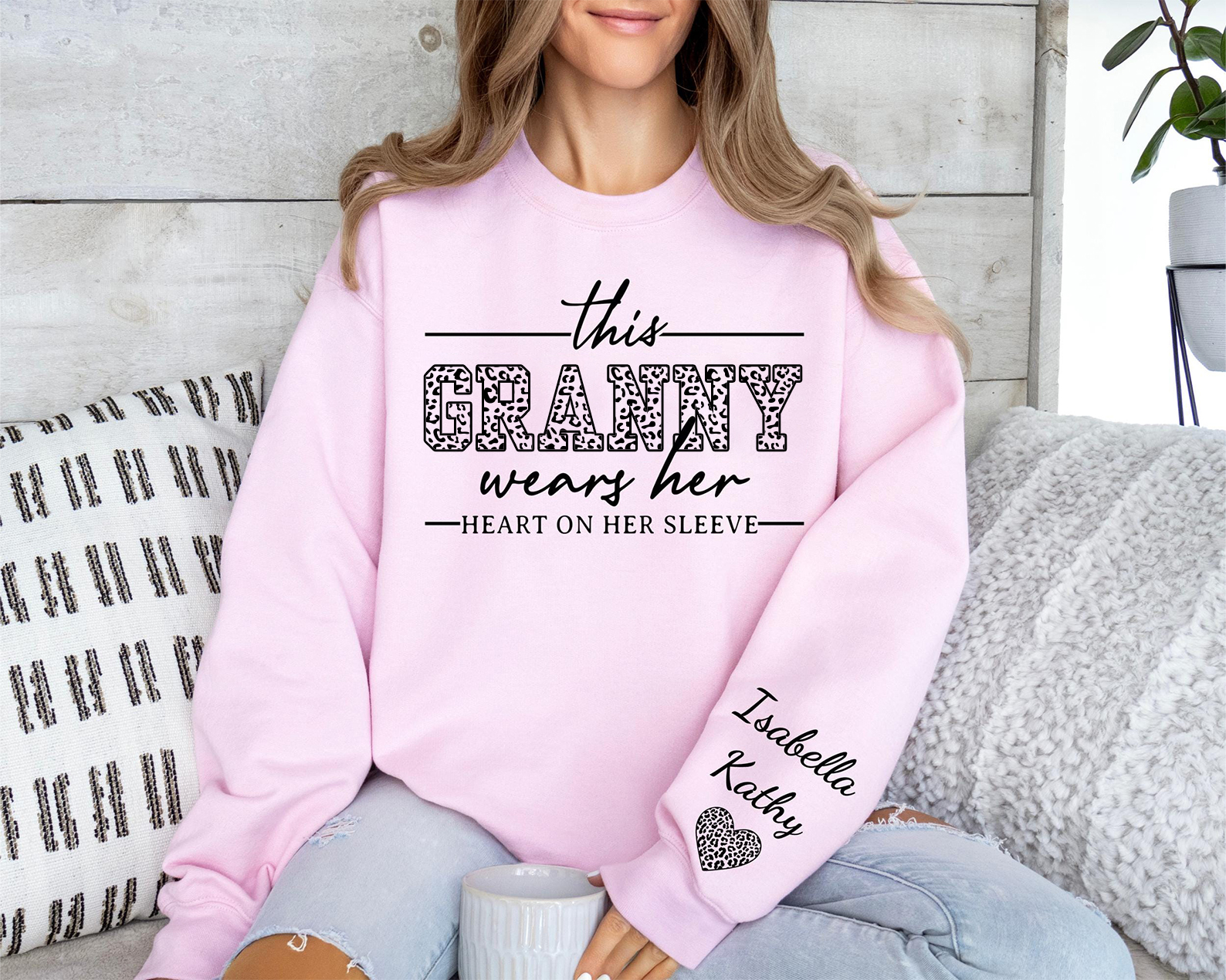 This Granny Wears Her Heart On Her Sleeve-Custom Sweatshirt With Kids Name
